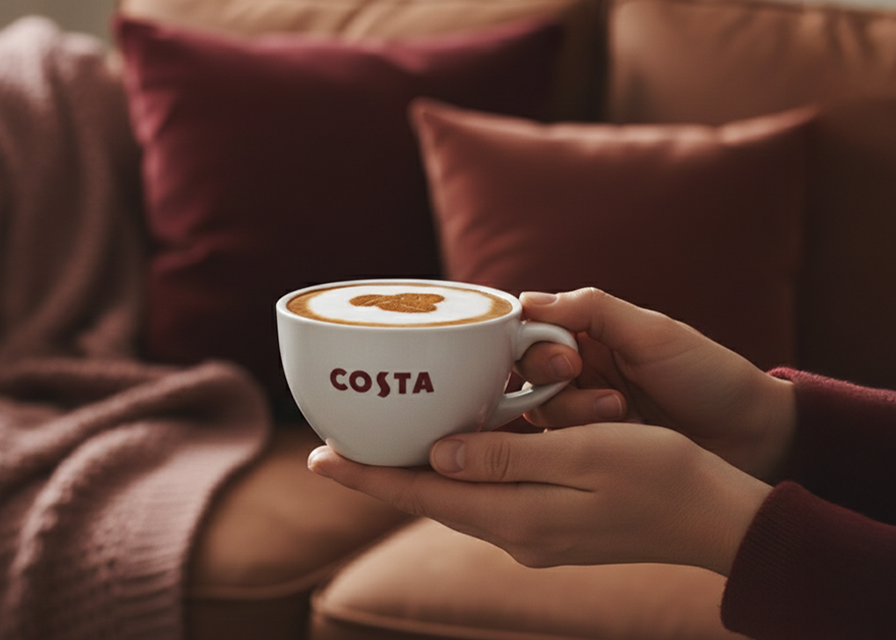 Mujer sosteniendo un latte de Costa Coffee en un café acogedor